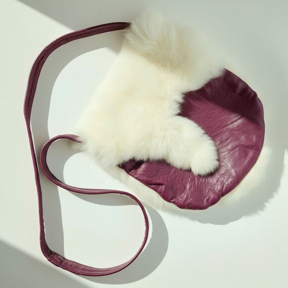 Handmade leather & fur shoulder bag plum off-white artisan genuine - Picture 1 of 10